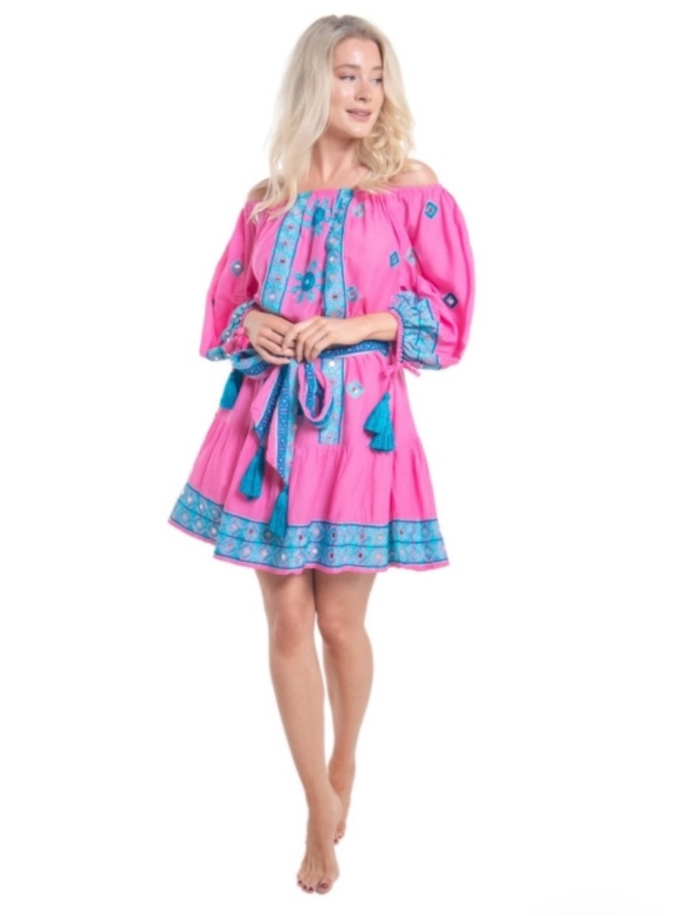 Pranella Cali Neon Pink, Aqua Blue, Silver Mini Dress Fringe Tassels Embroidered
